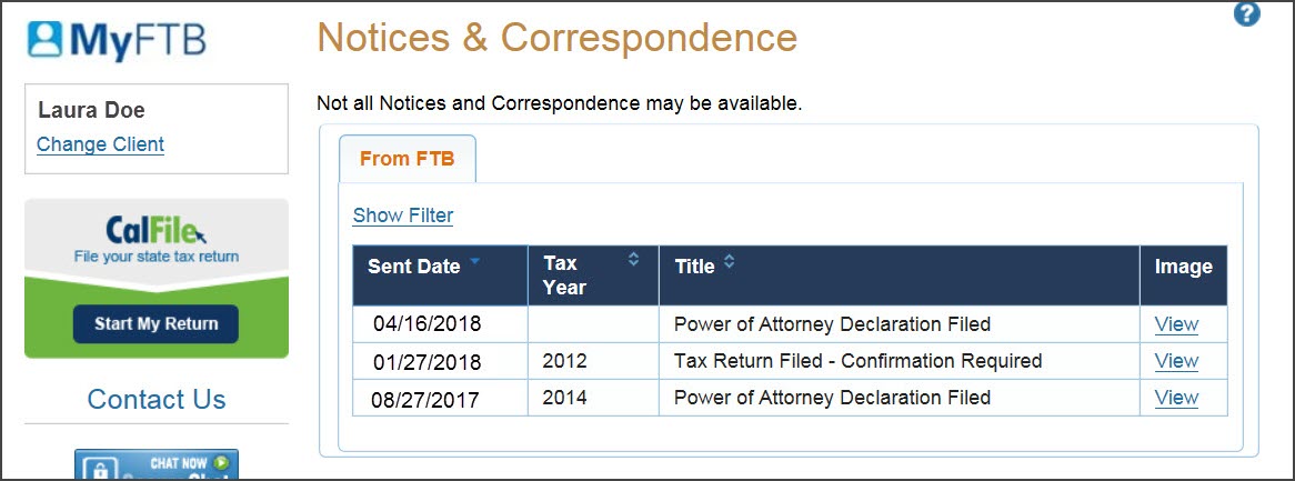 Notices and Correspondence – From FTB