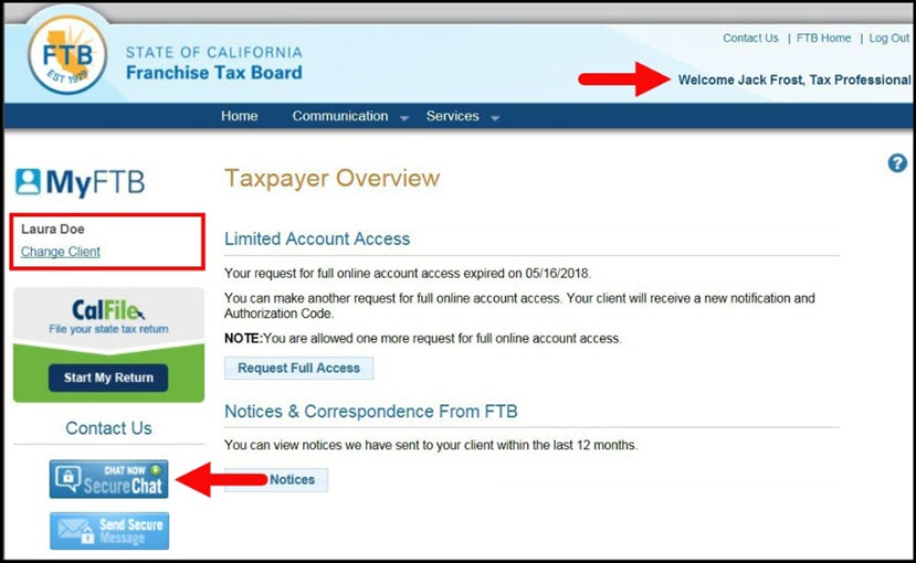Taxpayer Overview Page – Secure Chat Button