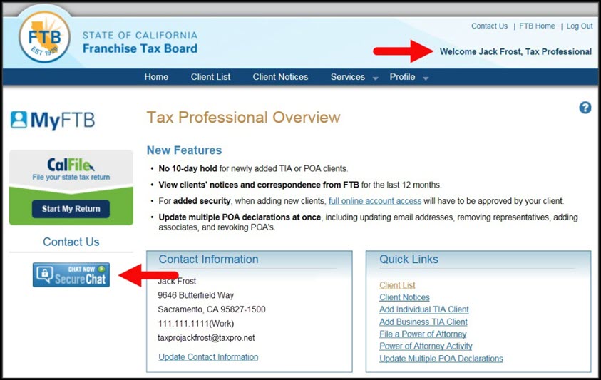 Tax Professional Overview Page – Secure Chat Button
