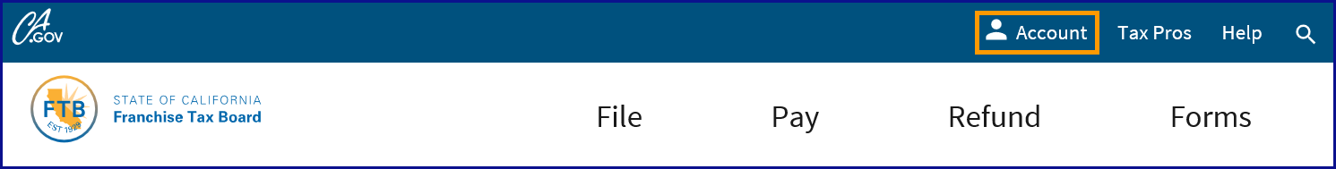 Blue vertical bar that runs across the top of the page and displays the Account, Tax Pros, and Help links in the navigation region on the far right side of the bar. The Account link is highlighted with an orange rectangle border. Also included is the white vertical bar that runs across the top of the page under the blue vertical bar, and displays the File, Pay, Refund, and Forms links in the navigation region on the far right side of the bar.