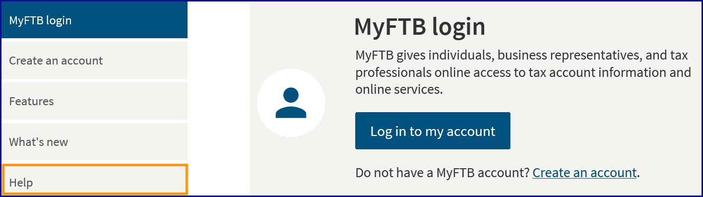 MyFTB login navigation region list and the fifth item, the Help link, is highlighted with an orange rectangle border. Also includes the section titled MyFTB login which includes, the Log in to my account link and the Create an account link.