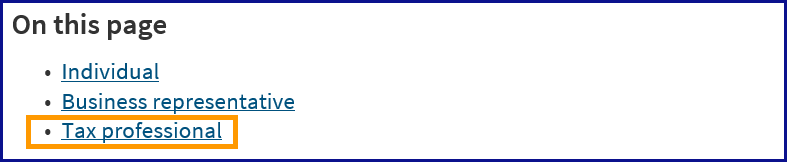 On this page section including list of three bulleted links. The third bullet, Tax professional link, is highlighted with an orange rectangle.