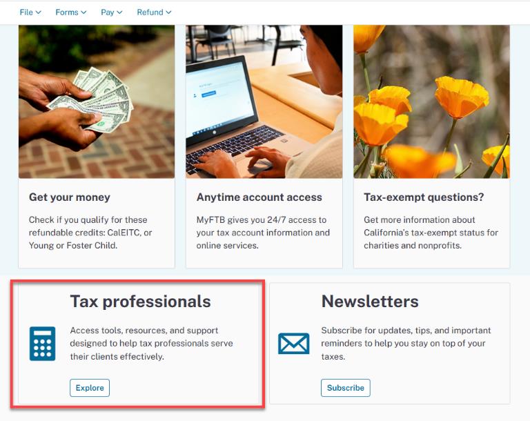 New FTB.ca.gov homepage with link to Tax Pros
