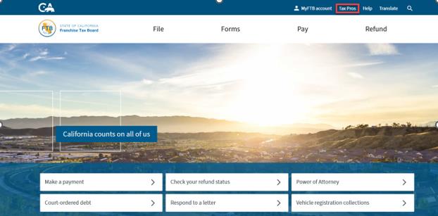 Old FTB.ca.gov homepage with link to Tax Pros