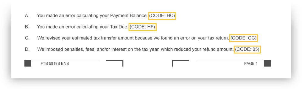 Sample of an FTB Notice of Tax Return Change letter which includes examples of codes associated with changes.
