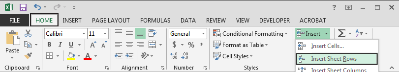 Microsoft Excel ribbon showing Home tab selected and navigated to the Insert menu selecting Insert Sheet Row.