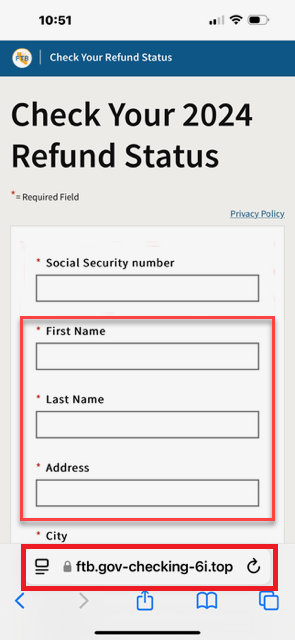 Screenshot of a fake FTB website which is asking for a social security number, first name, last name, address and city.