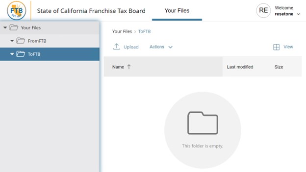 After selecting the ToFTB folder users will click on upload to browse to the file(s) they want to transfer.