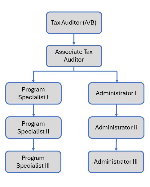 Start as a Tax Auditor (A or B). Promote to Associate Tax Auditor. Promotion from Associate has two paths: Program Specialist or Administrator. Program Specialist promotion path: Program Specialist 1, Program Specialist 2, Program Specialist 3. Administrator promotion path: Administrator 1, Administrator 2, Administrator 3.